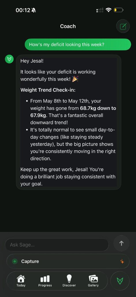 Sage, the AI coach, answering a question about this week's weight trend