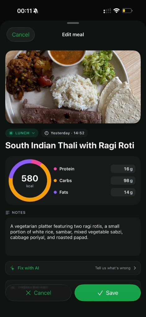 Editing a logged meal: a photo of a South Indian thali with its calories and protein, carbs and fats