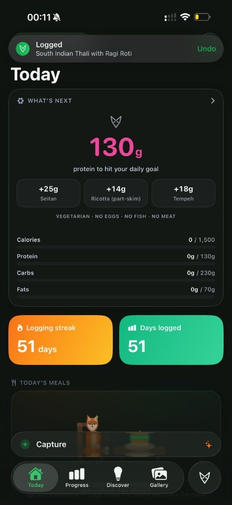 The Wisely app's Today screen: protein left to hit your goal, calorie and macro bars, and a logging streak